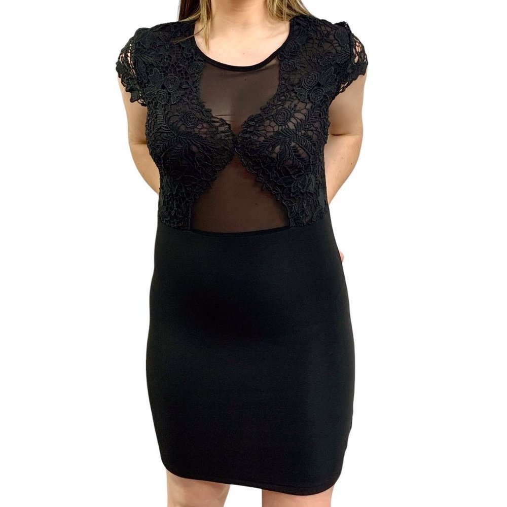 Love Republic Short Sleeve Sheer Top Mesh Lace Mini Dress Black Size Medium NWT